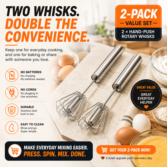 👩‍🍳 BEGINNER DEAL🥚 2-Pack Hand-Push Rotary Whisk – Press, Spin & Mix with Ease