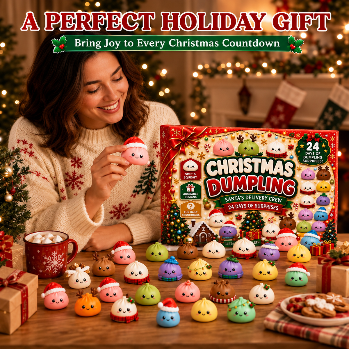 2026 Christmas Advent Calendar, 24‑Day Kawaii Dumpling Surprise Countdown Set, Christmas Holiday Gift for Girls/Boys