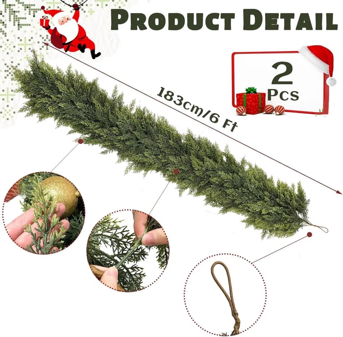 🎄 6ft Real Touch Artificial Cedar Garland | Lifelike Winter Pine Greenery for Christmas Mantle, Table & Wall Decor
